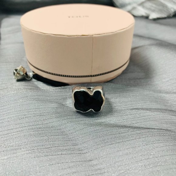 TOUS Ring Big Silver TOUS Color Ring with faceted onyx Women Jewelry 56# - Picture 2 of 13